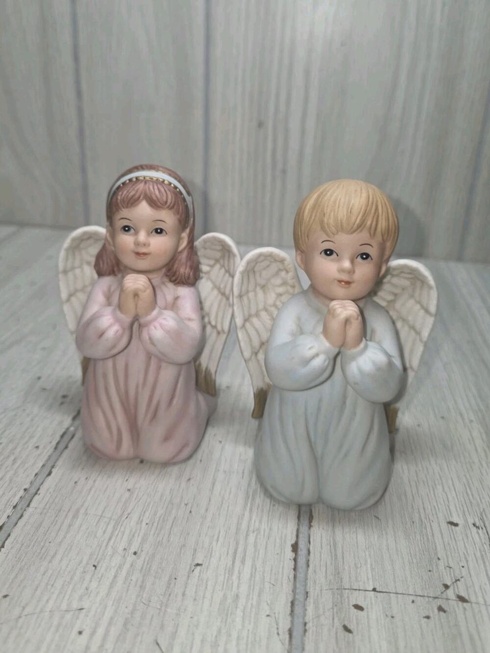 Vtg Home Interior Ceramic Angel Praying Boy & Girl Figurine Set of 2 Religious